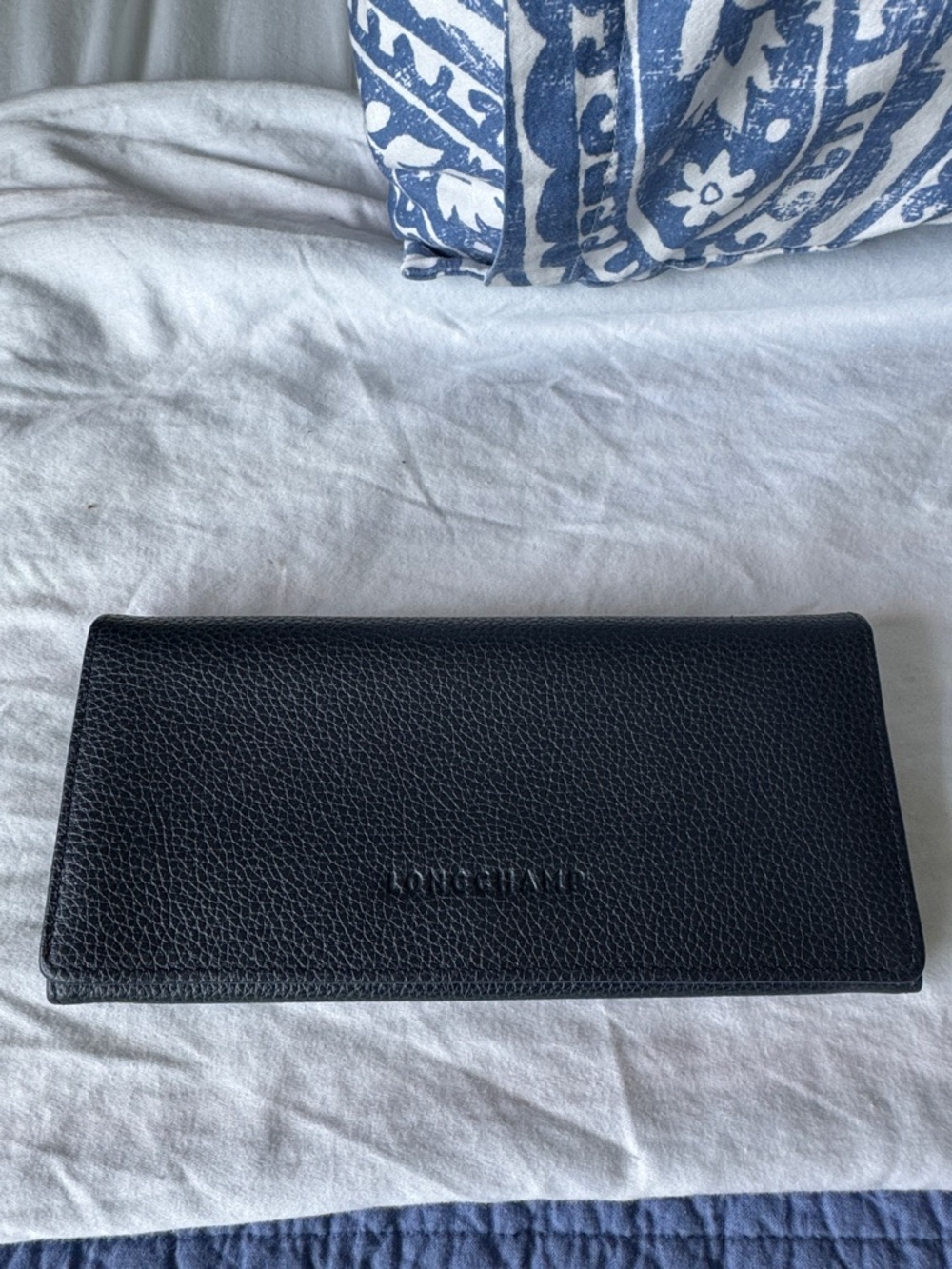 Longchamp Navy Blue Pebbled Leather Continental Wallet